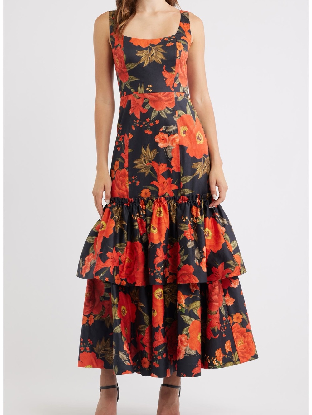 Floral Tiered Maxi Dress - marigold yellow and red Msrp 375